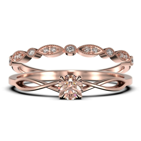 Infinity Loop Minimalist 1.00 Carat Round Cut Morganite Engagement Ring, Twisted Wedding Band in10k Solid Rose Gold, Promise Ring, Anniversary Gift, Bridal Set, Matching Band