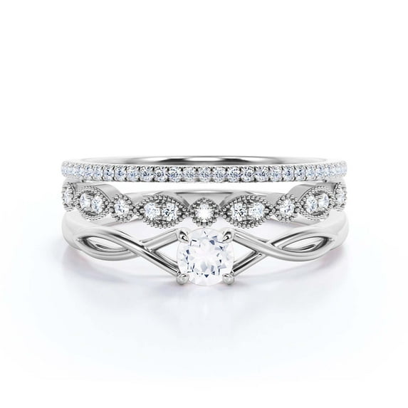 Infinity Loop Minimalist 1.50 Carat Round Cut Diamond Moissanite Engagement Ring, Twisted Wedding Band in10k Solid White Gold, Gift For Her, Promise Ring, Anniversary Gift, Trio Set, Matching Band