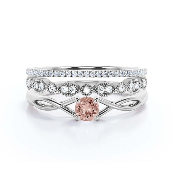 Infinity Loop Minimalist 1.50 Carat Round Cut Morganite Engagement Ring, Twisted Wedding Band In10K Solid White Gold, Promise Ring, Anniversary Gift, Trio Set, Matching Band