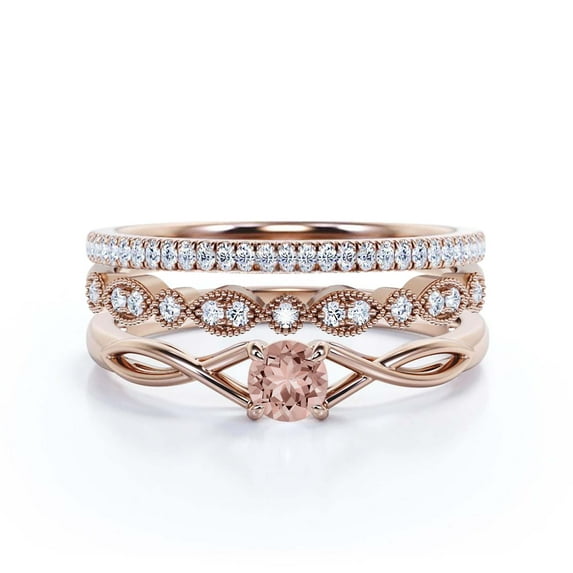 Infinity Loop Minimalist 1.50 Carat Round Cut Morganite Engagement Ring, Twisted Wedding Band in10k Solid Rose Gold, Promise Ring, Anniversary Gift, Trio Set, Matching Band