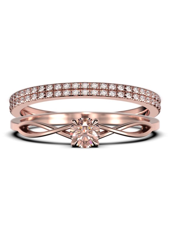 Infinity Loop Minimalist 1.50 Carat Round Cut Morganite Engagement Ring, Twisted Wedding Band in10k Solid Rose Gold, Promise Ring, Anniversary Gift, Trio Set, Matching Band