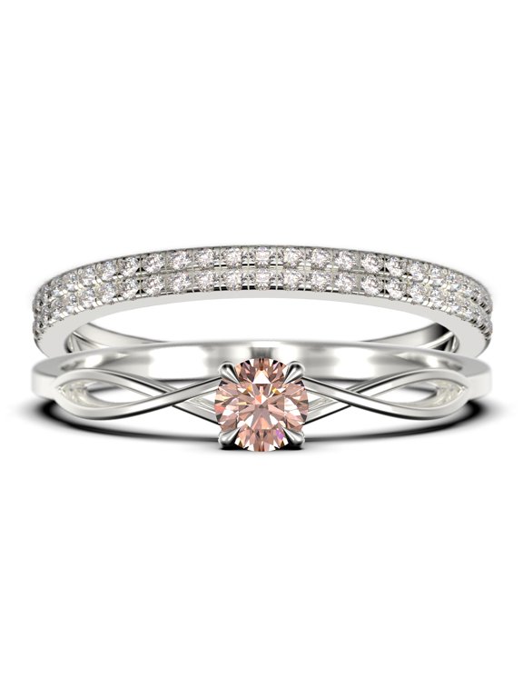 Infinity Loop Minimalist 1.50 Carat Round Cut Morganite Engagement Ring, Twisted Wedding Band in10k Solid White Gold, Promise Ring, Anniversary Gift, Trio Set, Matching Band