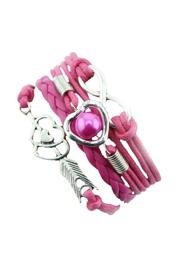 Infinity Love Heart Pearl Friendship Antique Leather Charm Bracelet Hot Hot Pink One Size Leather