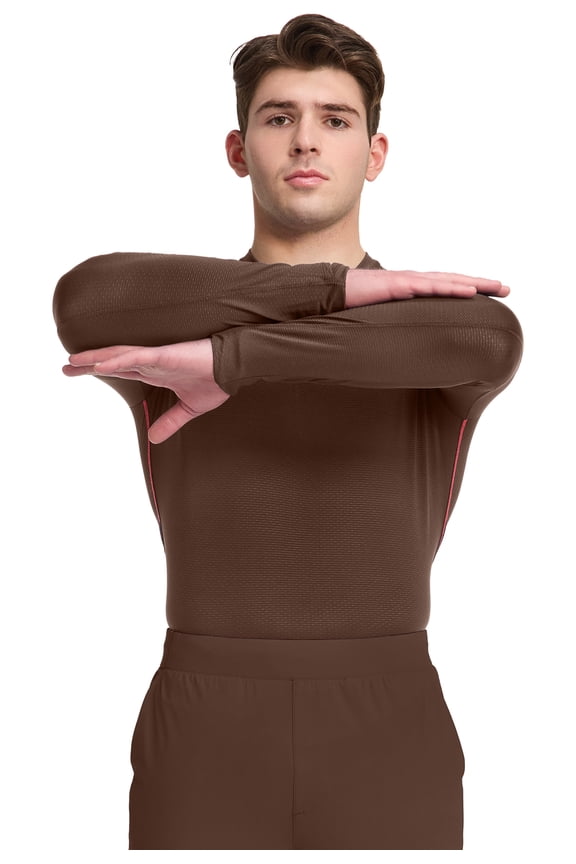 Men's Long Sleeve Underscrub Round Neck Top with Long Sleeves, Contrast Stitching On Side Seams - IN608, L, Espresso