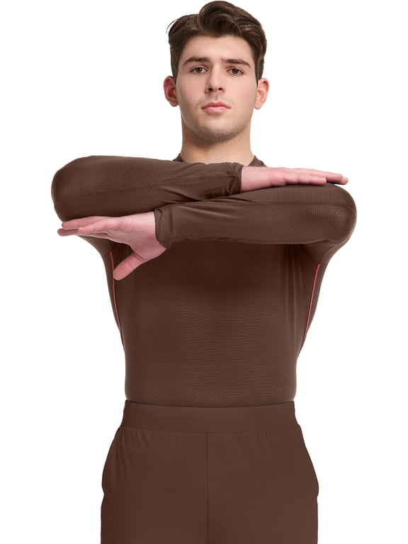 Men's Long Sleeve Underscrub Round Neck Top with Long Sleeves, Contrast Stitching On Side Seams - IN608, XL, Espress