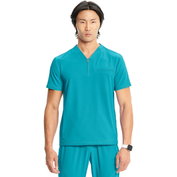Infinity Men's Partial Zip V-Neck Scrub Top with Rib-Knit Side Panels Two Zip Front Chest Pocket and 1 Welt Pockets - IN702A,