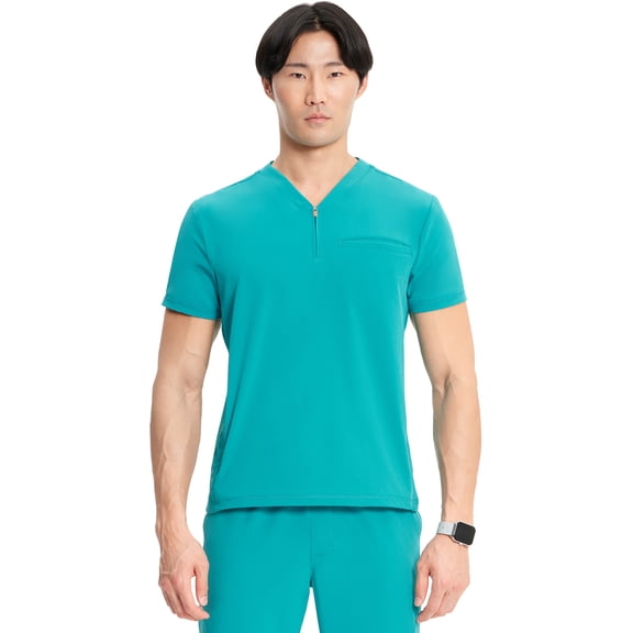 Infinity Men's Partial Zip V-Neck Scrub Top with Rib-Knit Side Panels Two Zip Front Chest Pocket and 1 Welt Pockets Plus Size, IN702A, 2XL, Teal Blue