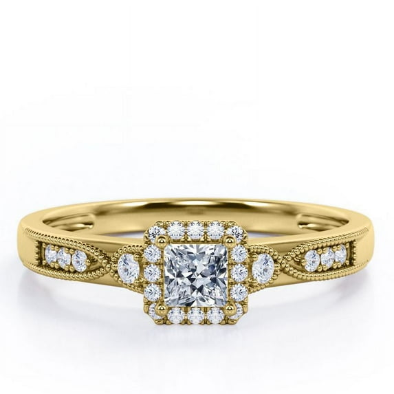 Infinity Milgrain - 0.50 TCW Princess Cut Diamond - Petite Pave Channel - Halo Engagement Ring - 10K Yellow Gold