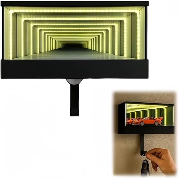 Infinity Mirror Key Holder Wall Mount, Motion Sensor LED Magnetic Key Hanger with Display Case, USB Rechargeable No-Drill Wall Hook for Car Model Collectible Home Decor