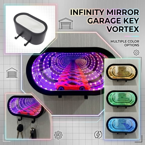 Infinity Mirror Key Holder Wall Mounted LED Light Key Hook 3D Tunnel Vortex Effect Multi Color Key Organizer for Garage Entryway and Home Decor