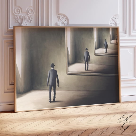 Infinity Mirror Man In Suit Art Poster: Surreal Wall Decor, Unframed Poster Size 12x18