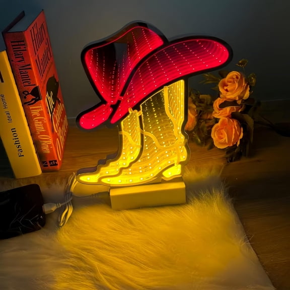 Infinity Mirror Tunnel Cowboy Boot Neon Sign Western Neon Sign Cowboy Hats Neon Light Up Signs3D Tunnel Lamp Desktop Lamp for Party Home Decor