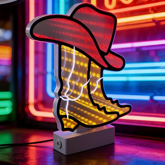 Infinity Mirror Tunnel Cowboy Boot Neon Sign Western Neon Sign Cowboy Hats Neon Light Up Signs3D Tunnel Lamp Desktop Lamp for Party Home Decor