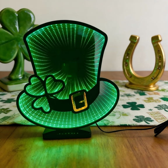 Infinity Mirror Tunnel St Patrick's Day Hat Shape LED Night Light, St Patrick's Day Neon Light St Patrick's Day Tunnel Mirror Neon Sign, 3D Tunnel Lamp Desktop Lamp for Party Home Decor