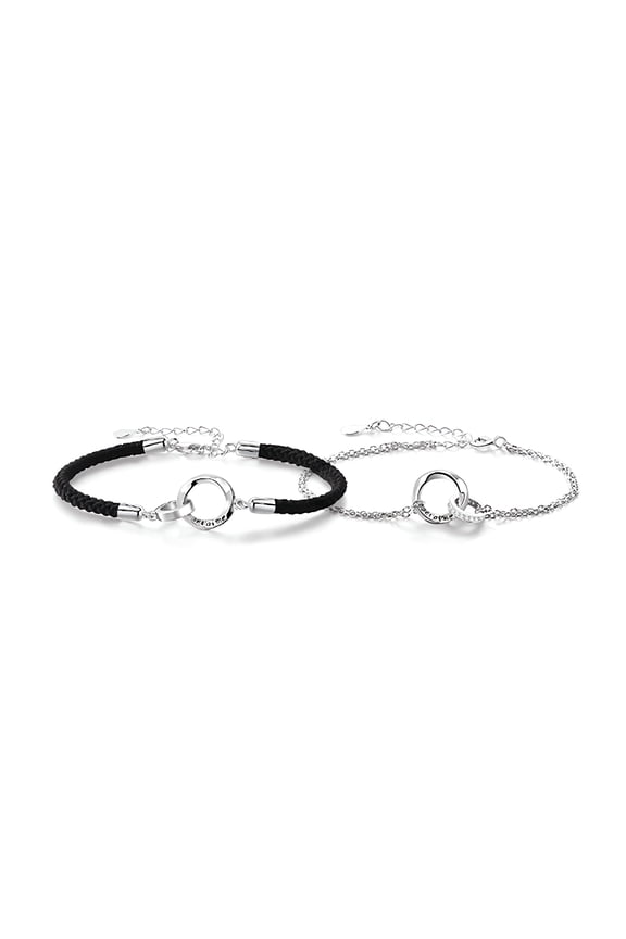 Infinity Mobius Couple Bracelets Set, Silver & Black Woven Rings - His & Hers