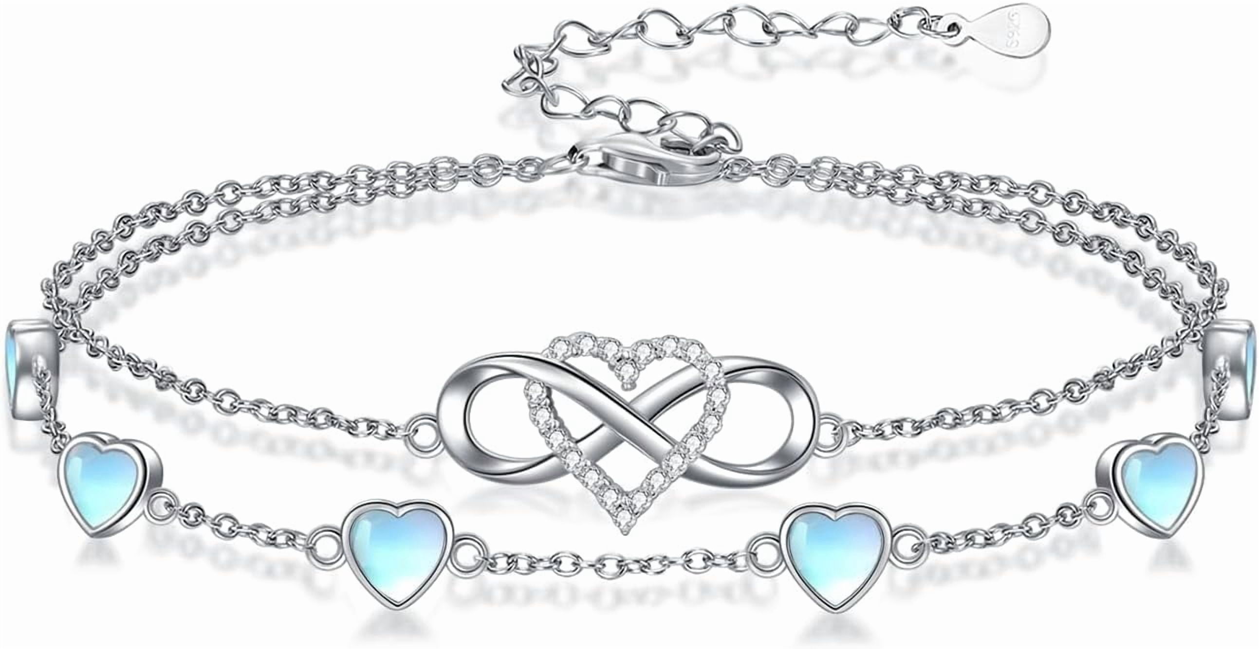 Infinity Moonstone Anklet 925 Sterling Silver Double Strand Heart Moonstone Anklet Birthday Jewelry Gift for Wife Women Mother,Chain Length 9"+2" Extend