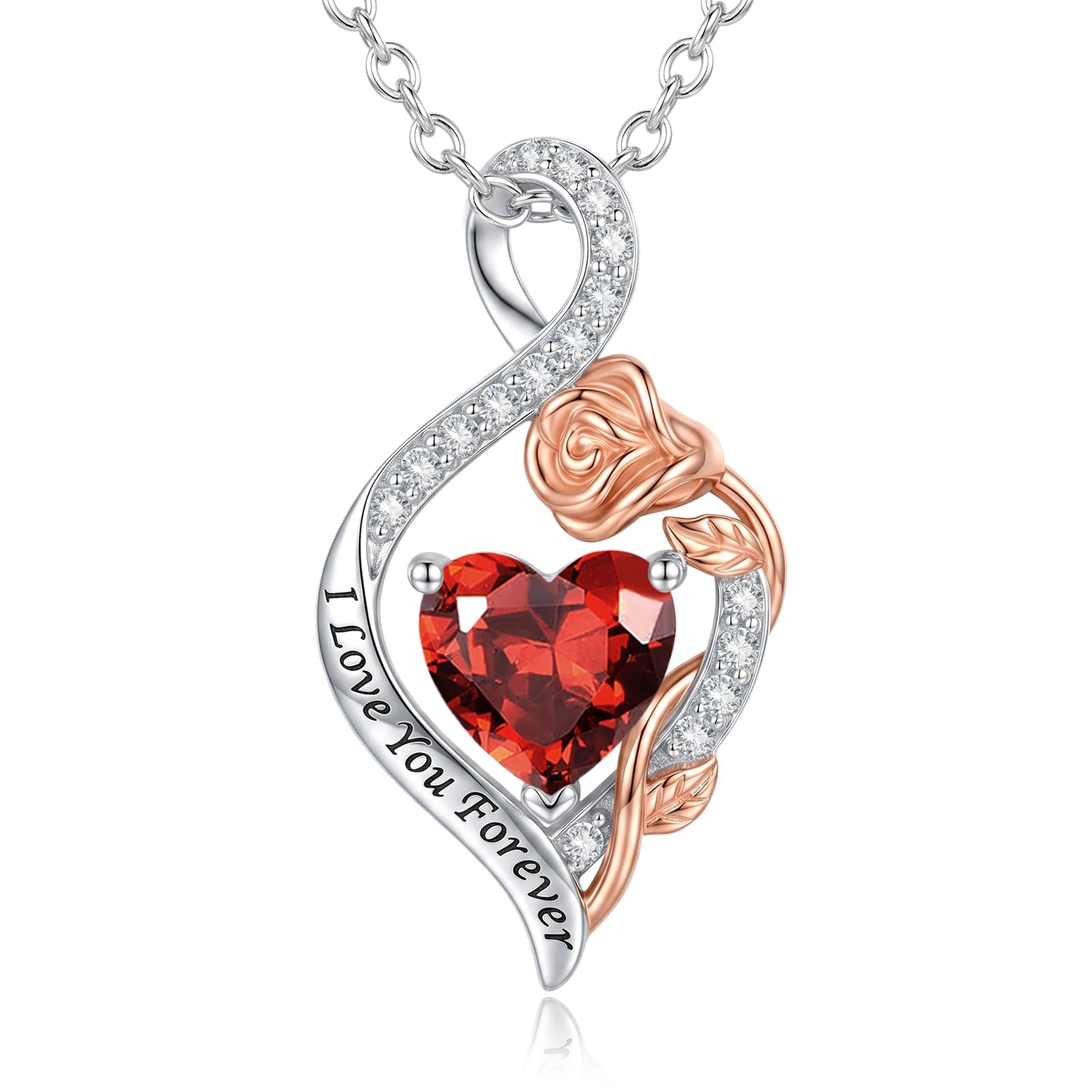 TANGPOET Infinity Necklace for Women Sterling Silver Infinity Pendant Jewelry with Rose Garnet January Birthstone Necklace Anniversary Birthday Gifts