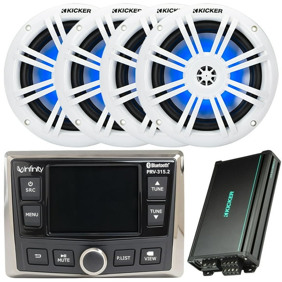 Infinity PRV-315.2 Marine Bluetooth Gauge Hole Mount USB AM/FM/WB Radio Receiver, 4x 6.5" 150W Max Power RGB LED Boat Coaxial Speakers, 4-Channel 90 Watts x 4 Weather-Resistant Full-Range Amplifier