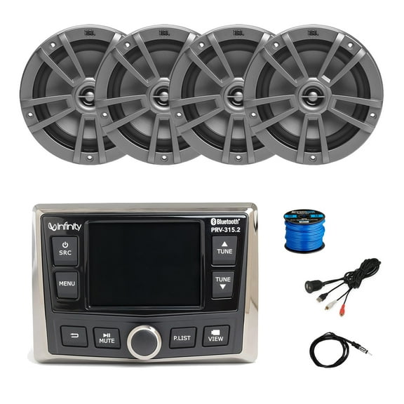 Infinity PRV-315.2 Marine Gauge Style USB Bluetooth AM/FM/WB Radio Receiver, 4x 6.5" 180 Watt Peak Power 2-Way Multi-Element Gray Marine Speakers, Wire, Antenna, USB/AUX Adapter (Bulk Packaging)