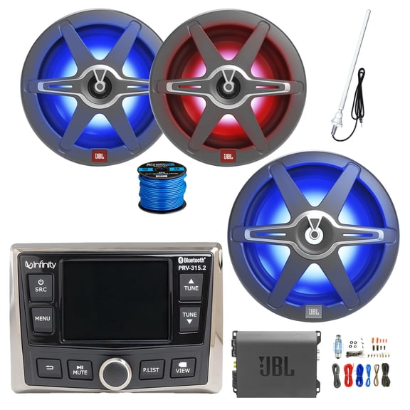 Infinity PRV-315 Marine Gauge Style USB Bluetooth AM/FM/WB Stereo Receiver, 2x 8" 450 Watt 2-Way Multicolor LED Speakers, 12" LED Subwoofer, 4-Channel Amplifier w/Install Kit, Radio Antenna, Wire