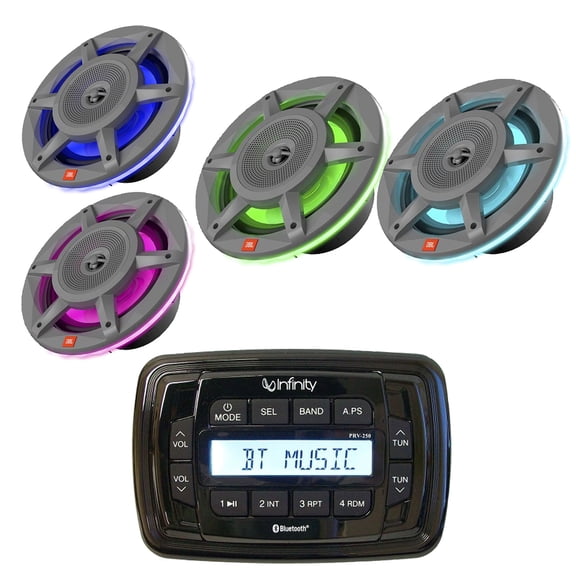 Infinity PRV250 Marine Bluetooth AM/FM Receiver, 2x 6.5" 300 Watt 2-Way MultiColor LED Speakers and 2x 8" 500W 3-Way MultiColor LED Outdoor Speakers (Gray)