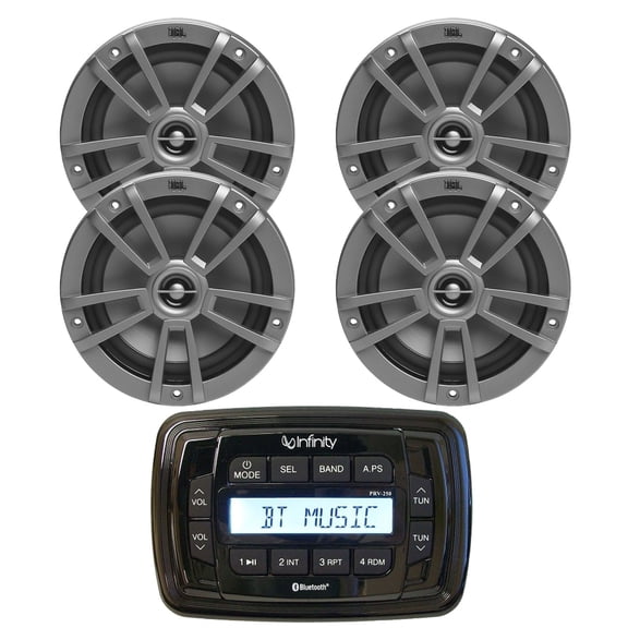 Infinity PRV250 Marine Bluetooth AM/FM Receiver, 4x 6.5" 180 Watt 2-Way Multi-Element Audio Speakers (Gray)