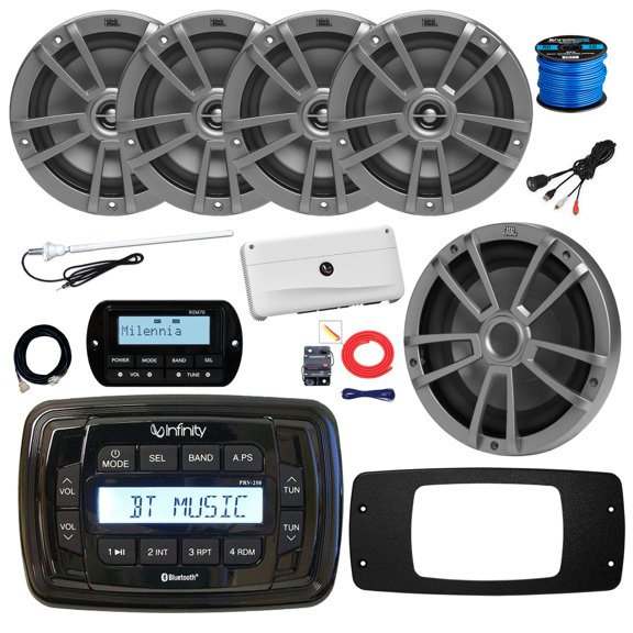 Infinity PRV250 Marine Bluetooth AM/FM Receiver, 4x 6.5" 180 Watt Multi-Element Audio Speakers (Gray), 10" Subwoofer, Amplifier w/Kit, Wired Remote w/Ext, Adapter Plate, USB Adapter, Antenna, Wire