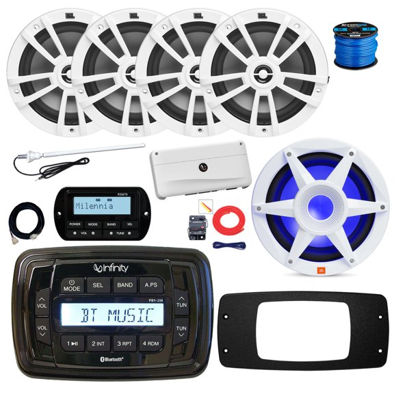 Infinity PRV250 Marine Bluetooth AM/FM Receiver, 4x 6.5" 180W Multi-Element Audio Speakers (White), 10" LED Subwoofer, Amplifier w/Kit, Wired Remote w/Ext, Adapter Plate, USB Adapter, Antenna, Wire