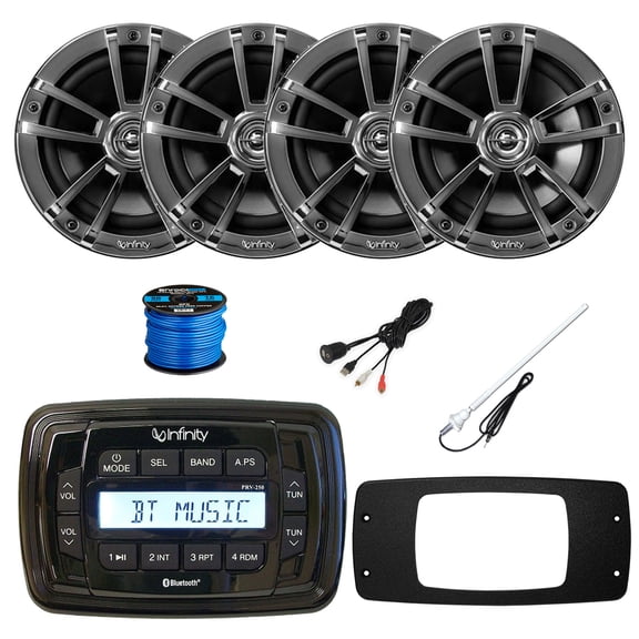 Infinity PRV250 Marine Bluetooth AM/FM Receiver, 4x 6.5" 225 Watt 2-Way High Performance Outdoor Speakers (Chrome), Radio Install Adapter, USB Adapter, Antenna, Wire