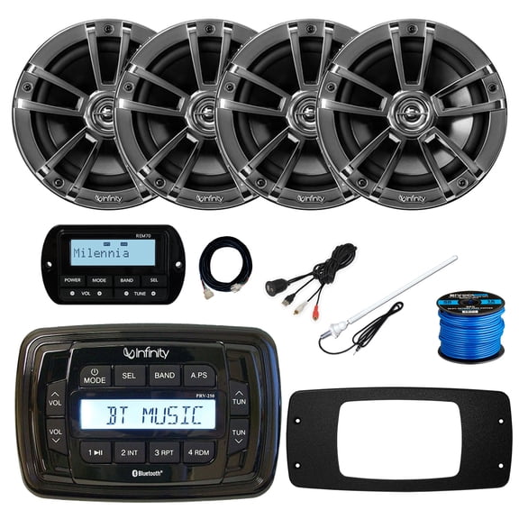 Infinity PRV250 Marine Bluetooth AM/FM Receiver, 4x 6.5" 225 Watt 2-Way High Performance Outdoor Speakers (Chrome), Wired Remote w/Extension, Radio Install Adapter, USB Adapter, Antenna, Wire