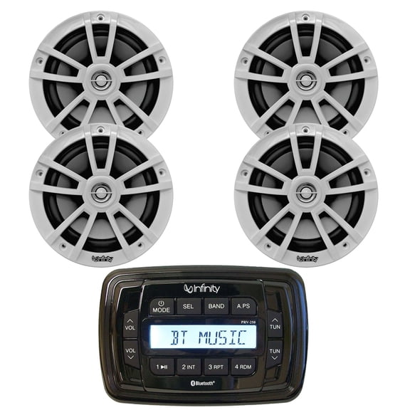 Infinity PRV250 Marine Bluetooth AM/FM Receiver, 4x 6.5" 225 Watt 2-Way High Performance Outdoor Speakers (White)