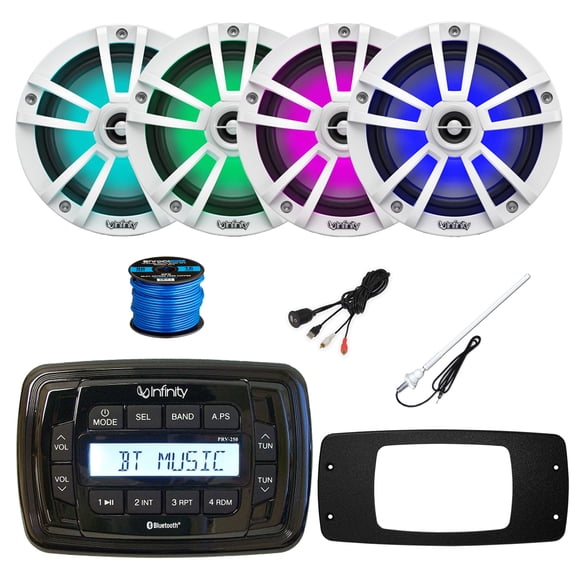 Infinity PRV250 Marine Bluetooth AM/FM Receiver, 4x 6.5" 225 Watt 2-Way MultiColor LED Outdoor Speakers (White), Radio Install Adapter, USB Adapter, Antenna, Wire