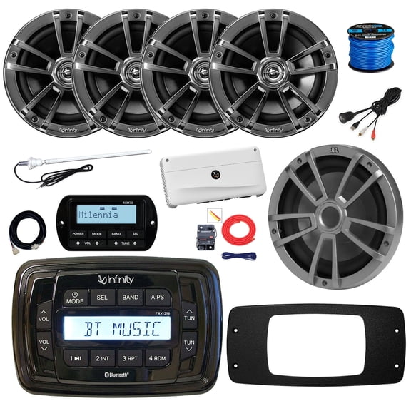 Infinity PRV250 Marine Bluetooth AM/FM Receiver, 4x 6.5" 225W Outdoor Speakers (Chrome), 10" Subwoofer, Amplifier w/Kit, Wired Remote w/Extension, Radio Install Adapter, USB Adapter, Antenna, Wire