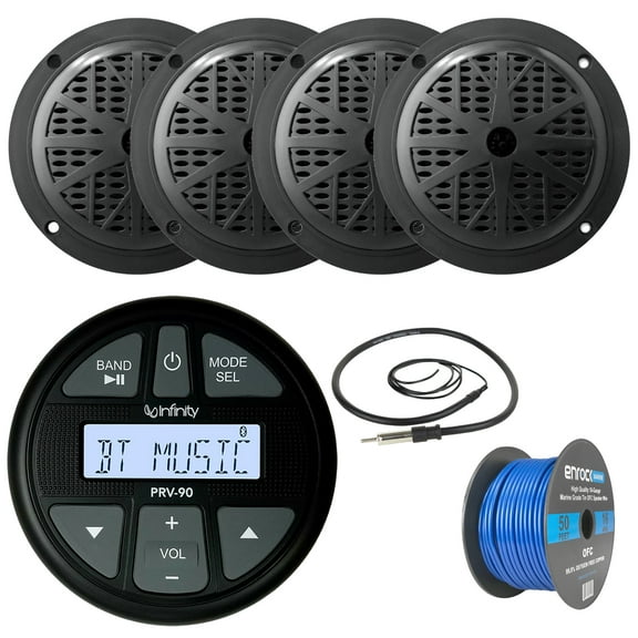 Infinity PRV90 AM/FM Bluetooth USB Gauge Style Marine Radio Receiver, 4x Pyle 4'' Waterproof Dual Cone Speakers - Black, AM/FM Antenna, 50Ft 16 Gauge Marine Speaker Wire