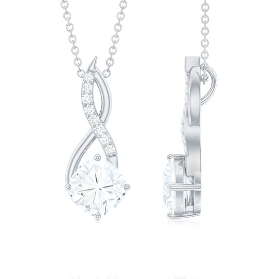 Rosec Jewels Certified Moissanite Infinity Pendant Necklace - 8 mm Cushion Cut - D-VS1 Quality - Ready to Gift for Valentines Day, 10K White Gold