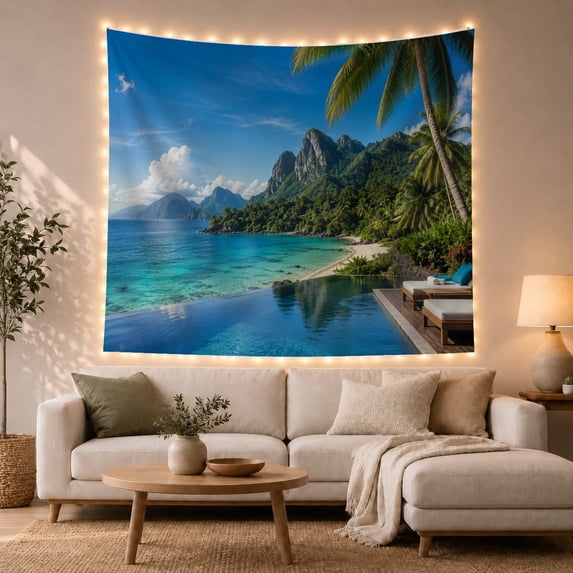 Infinity Pool by a Tropical Beach and Mountains, Serene Coastal Style for Beach Lovers, Coastal Wall Decor Housewarming Gift, Tapestry Wall Hanging for Bedroom and Living Room