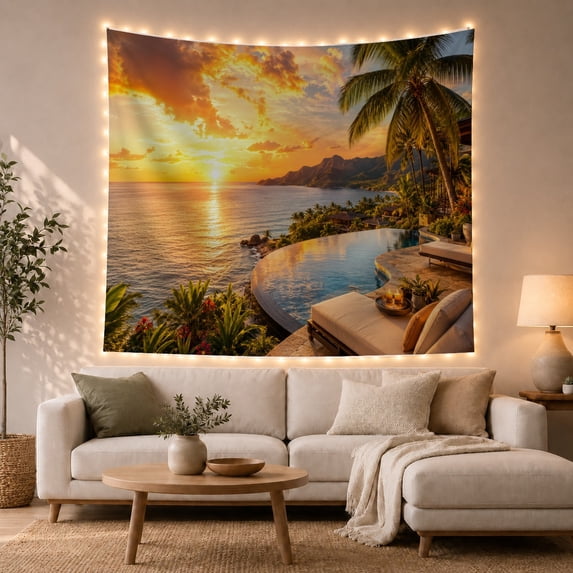 Infinity Pool at Tropical Ocean Sunset, Tranquil Coastal for Travel Lovers, Resort Wall Art, Housewarming Gift Tapestry Wall Hanging for Bedroom, Living Room and Studio
