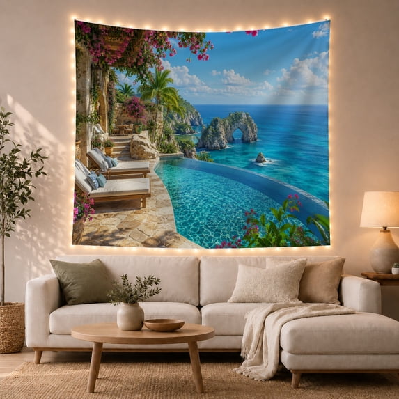 Infinity Pool on a Tropical Terrace with Sea Arch and Bougainvillea, Serene Coastal Art for Beach Lovers, Scenic Wall Decor Housewarming Gift Tapestry Wall Hanging for Bedroom and Living Room