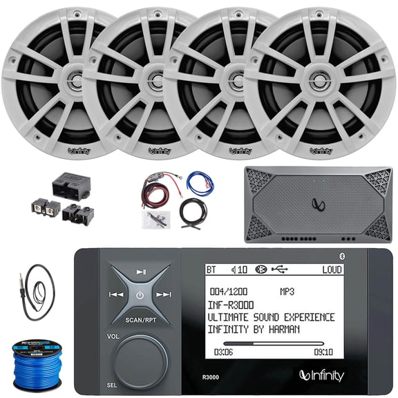 Infinity R3000 Wake Series Marine Bluetooth USB/AUX AM/FM Radio Digital Media Stereo Receiver, 4x 6.5" 225W Max White Speakers, 4-Channel Amplifier w/ Install Kit + Power Block, Speaker Wire, Antenna