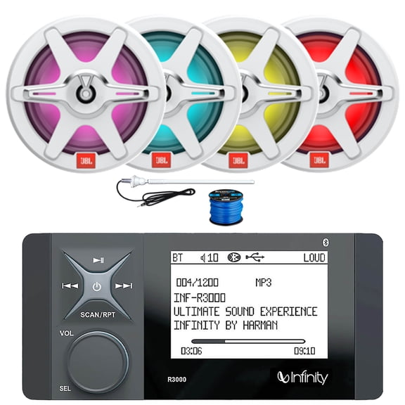 Infinity R3000 Wake Series Marine Bluetooth USB/AUX AM/FM Radio Digital Media Stereo Receiver, 4x 7.7" 255W Max 2-Way RGB LED Boat Black Speakers w/White + Grey Grilles, Radio Antenna, Speaker Wire