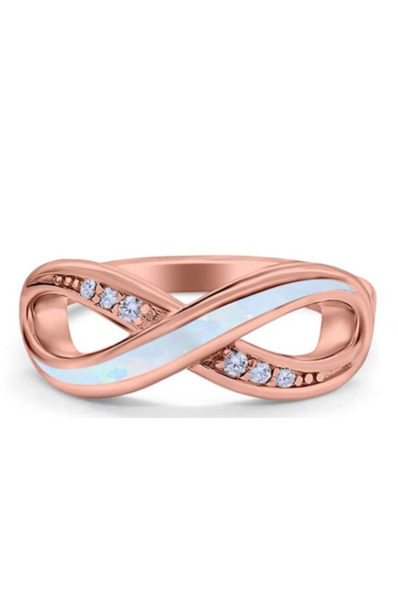 Infinity Ring Rose Gold Tone Lab Created White Opal Round CZ 925 Sterling Silver Size 8