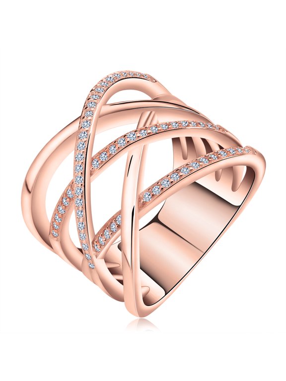 Rose Gold Plated Infinity Ring for Women Crisscross Micro Pave Clear Cubic Zirconia Size 6 by Ginger Lyne