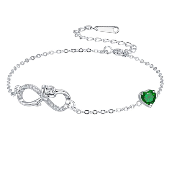 Infinity Rose Birthstone Bracelet for Women, White Gold Plated Heart Birthstone Charm Bracelet, Birthstone Jewelry Gift for Mom Wife Girlfriend