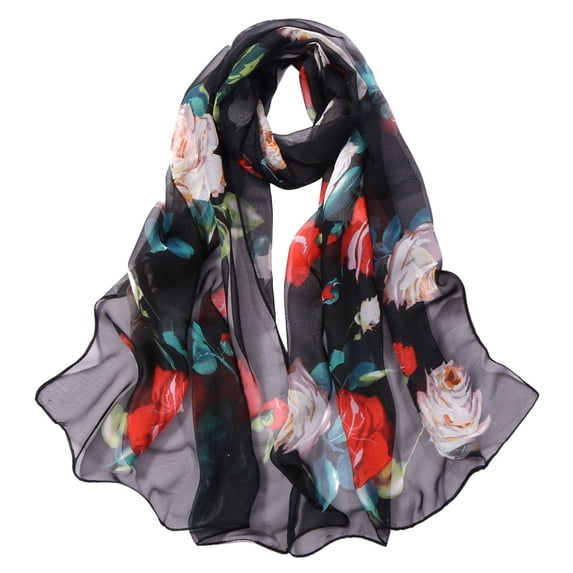 Infinity Scarves Fashion Women Roses Printing Long Soft Wrap Scarf Simulation Silk Shawl Scarves,Black Mothers Day Polyester Scarf