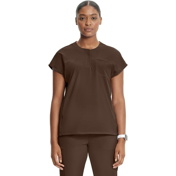 Infinity Scrub Top for Women Contemporary Fit Round Neck 3 Pocket with Covered Placket with Partial Zip - IN622A, M, Espresso