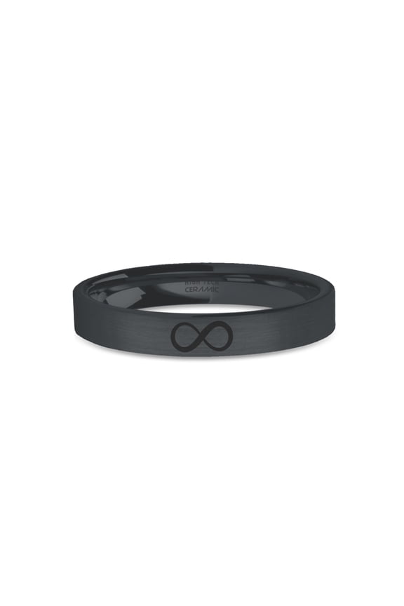 Infinity Symbol Engraved Black on Black Brushed Ceramic Wedding Band, 4mm, Size 10