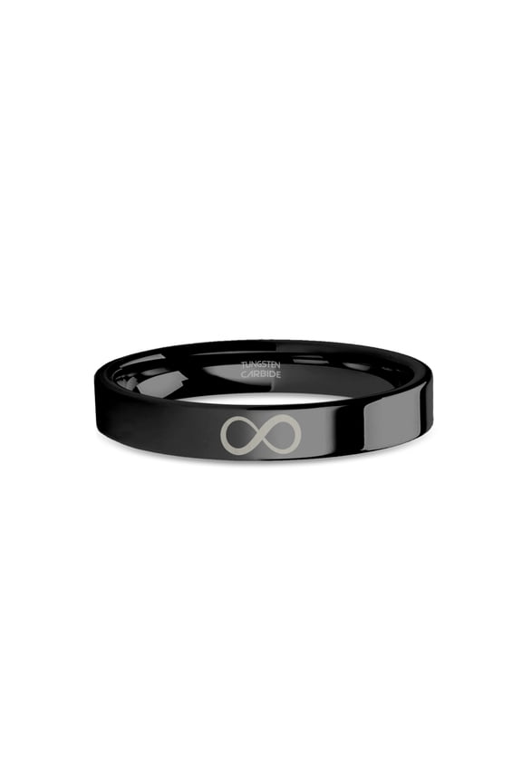 Infinity Symbol Laser Engraved Black Tungsten Wedding Band, 4mm, Size 10