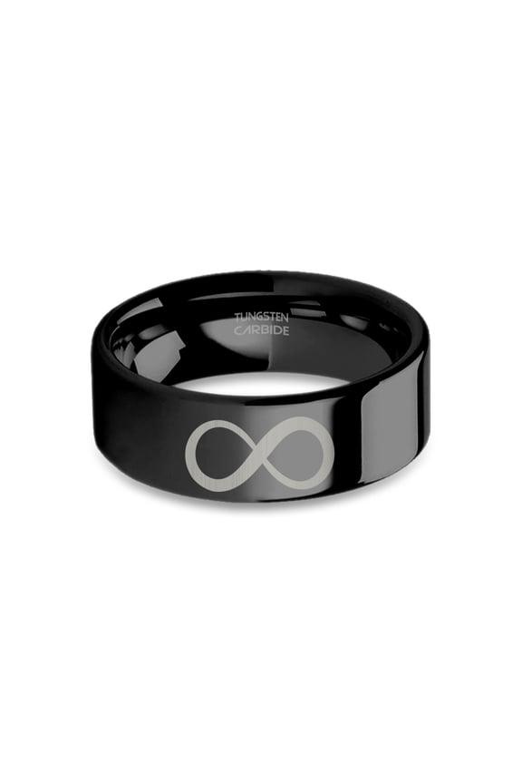 Infinity Symbol Laser Engraved Black Tungsten Wedding Band, 8mm, Size 13.5