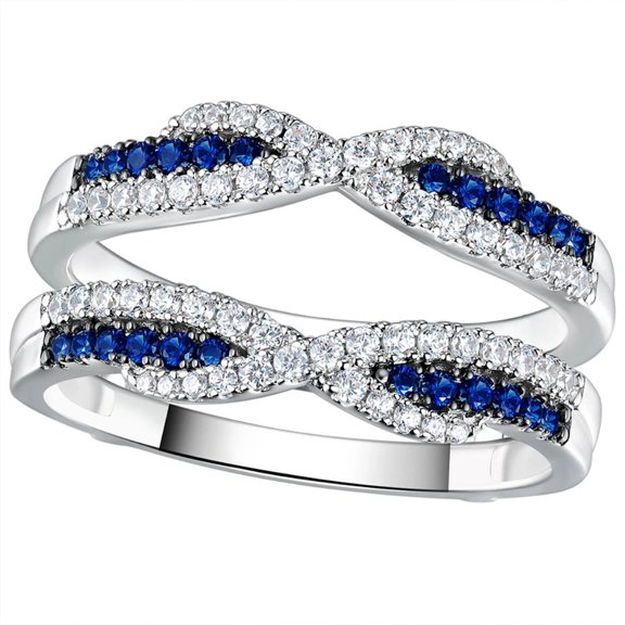 Infinity Twist Blue Sapphire & Diamond Accent Ring Guard in 925 Sterling Silver – Double Enhancer Wedding Band Set for Women – September Birthstone Jewelry