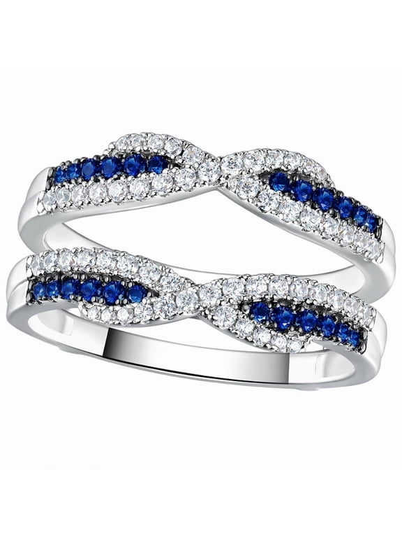 Infinity Twist Blue Sapphire & Diamond Accent Ring Guard in 925 Sterling Silver – Double Enhancer Wedding Band Set for Women – September Birthstone Jewelry